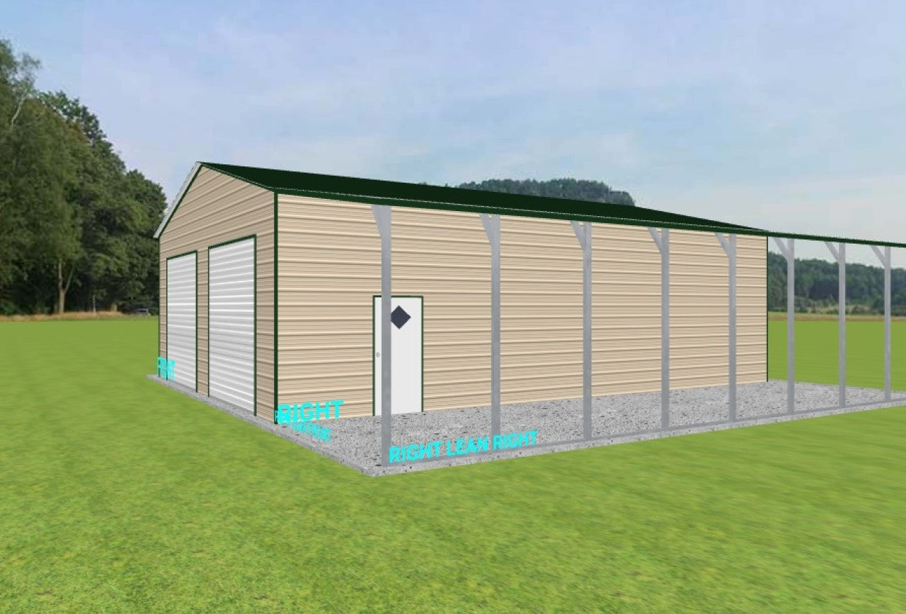 30x40x12 Metal Building with Lean-To, Garage Doors, and Walk-In Door with Diamond Light Window