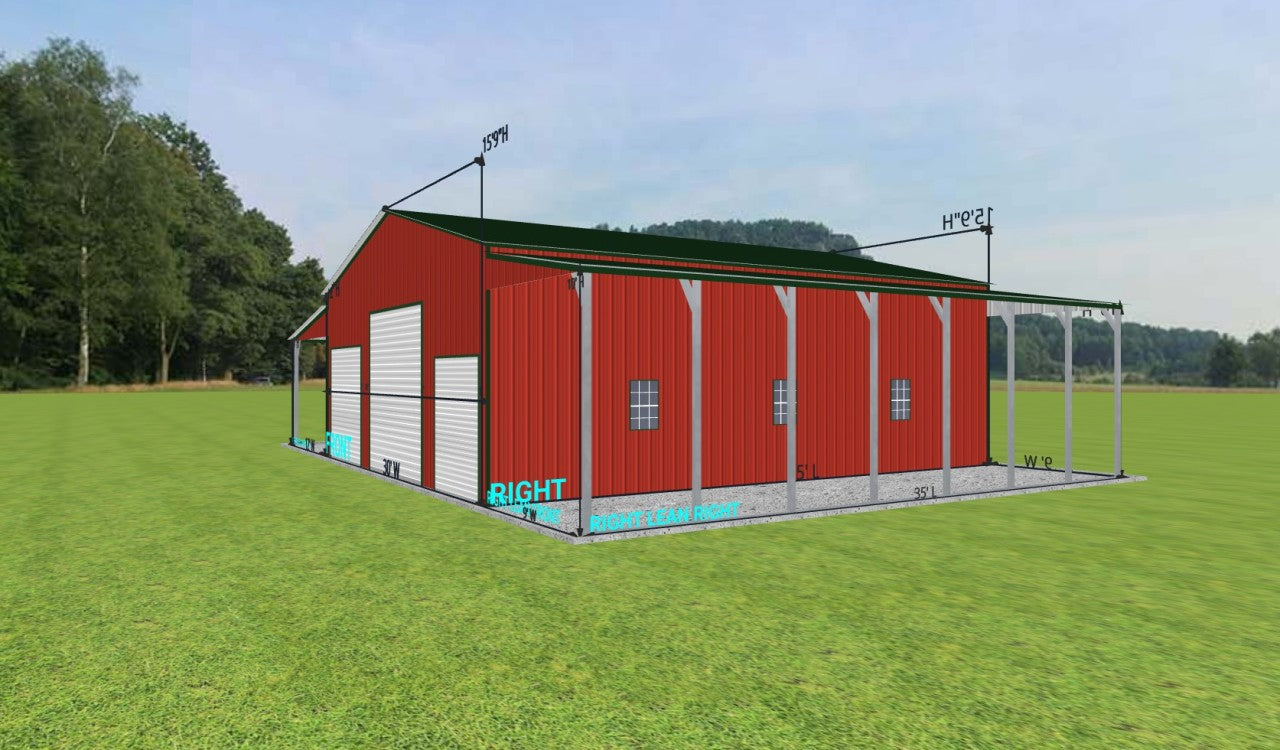 30x35x12 Metal Building with Dual Lean-Tos, Roll-Up Doors & Windows