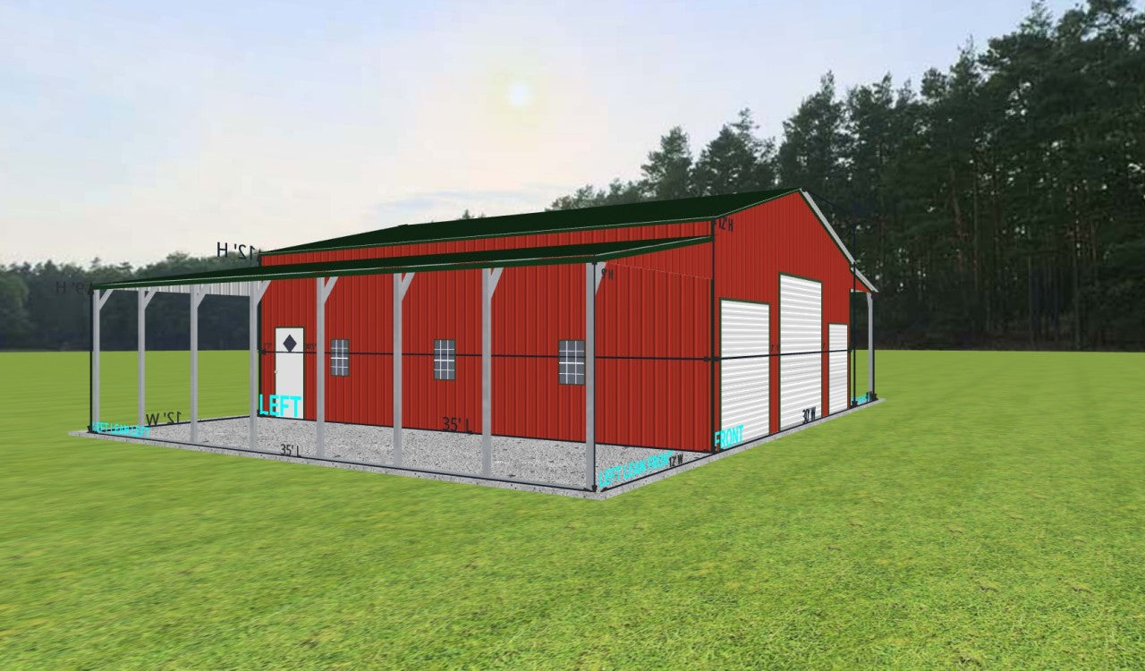 30x35x12 Metal Building with Dual Lean-Tos, Roll-Up Doors & Windows