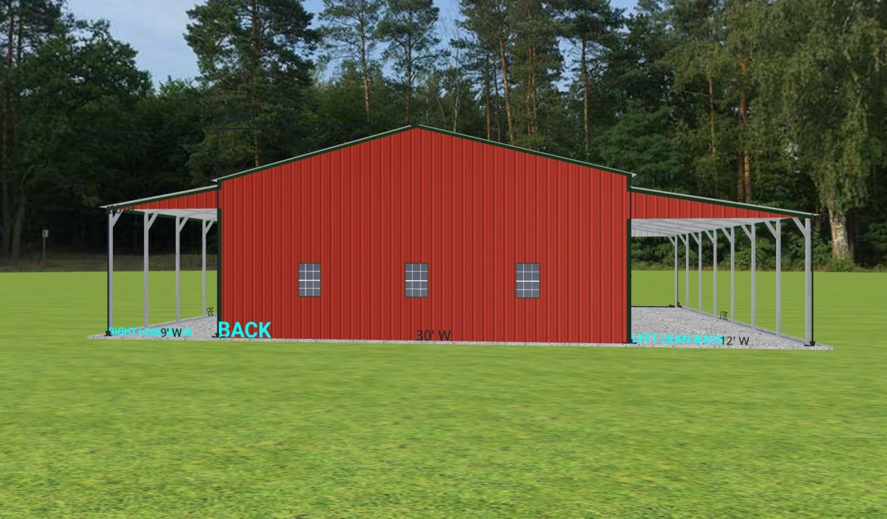 30x35x12 Metal Building with Dual Lean-Tos, Roll-Up Doors & Windows