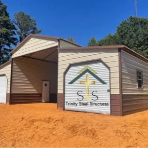 Tan and brown carport combo metal building with enclosed garage bays, roll-up doors, windows, and walk-in door