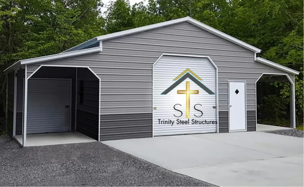 Metal building on a North Carolina property with space for vehicles and equipment